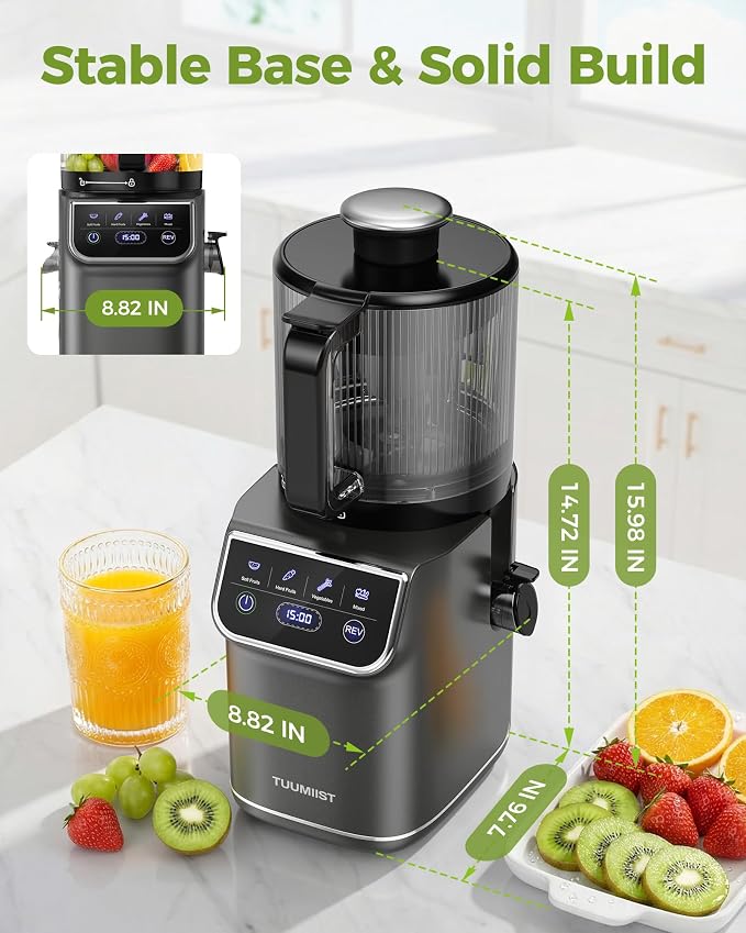 TUUMIIST 3-in-1 Cold Press Juicer Machine, Smart Touch Masticating Juicers for Whole Fruit & Vegetable, 6.5" Wide Chute Slow Juicer for Nut Milk & Sorbet, High Yield, Easy Clean (Gun Grey)
