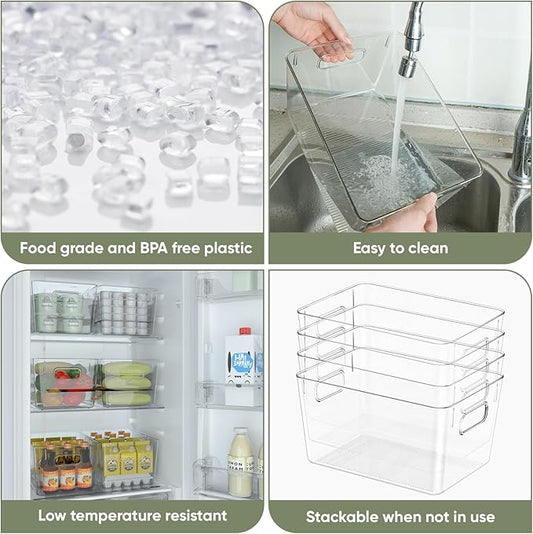 BALEINE Clear Plastic Storage Bins, Pantry Organization, BPA Free Stackable Refrigerator Organizers and Storage with Handles for Kitchen Fridge Cabinet Bathroom (4PK, 11x7.5x6)