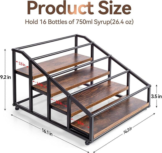 kimilus Coffee Syrup Organizer Rack, Liquor Bottle Display Shelf, 4 Tier 16 Syrup Bottles Holder Stand for Coffee Bar Kitchen Small Wine Rack for Family Storage for Syrup Wine Dressing