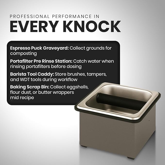 Rattleware Stainless Steel Knock Box β Heavy-Duty Espresso Puck Disposal Bin with Welded Rubber Bar β Perfect for Coffee Bar Accessories, CafΓ©, Restaurant, or Home Use (6" x 5.5" x 4")