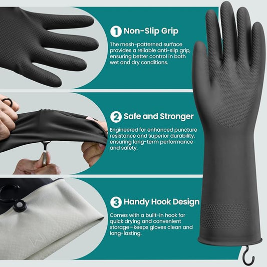4 Pairs Rubber Dishwashing Gloves with Hanging Hooks - Reusable Cleaning Gloves for Kitchen & Household, Non-Slip, Durable and Flexible (Small, 4 Colors: Black, Pink, Blue, Purple)