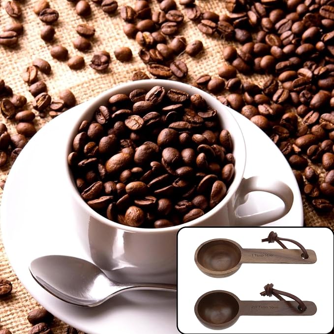 15ml and 10ml Wood Measuring Spoons and Scoops Set Wooden Tablespoon Scoop 1 TBSP and 2/3 TBSP Retro Coffee Spoons for Dry Ingredients Ground Tea Spice (Walnut Color, 1TBSP+2/3TBSP)