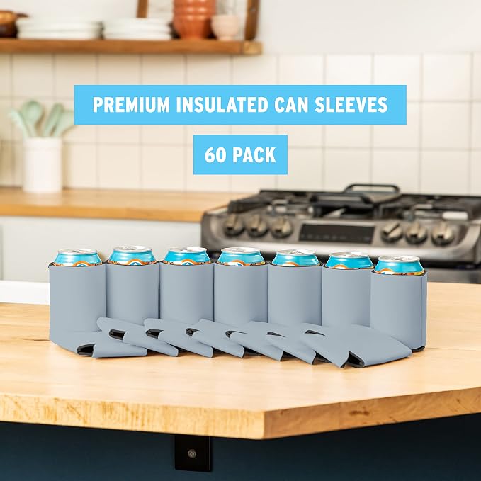 Blank Beer Can Cooler Sleeves (60-Pack) Soft Insulated Beer Can Coolies - HTV Friendly Blank Koolies in Bulk for Beer Cans & Bottles - Coolie Blanks for Vinyl Projects & Wedding Favors (Gray)