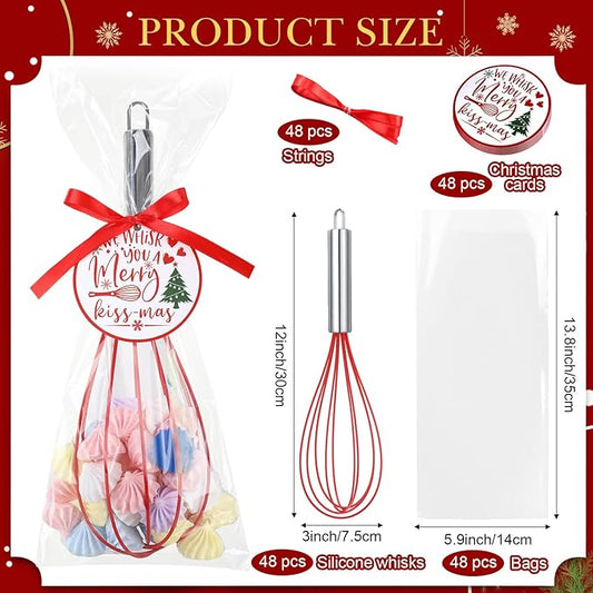 48 Sets 12 Inch Christmas Whisks Gifts DIY Fillable Christmas Tree Ornaments Xmas Colored Silicone Whisks for Cooking Heat Resistant Egg Beaters with Card Rope Bag for Candy Holder