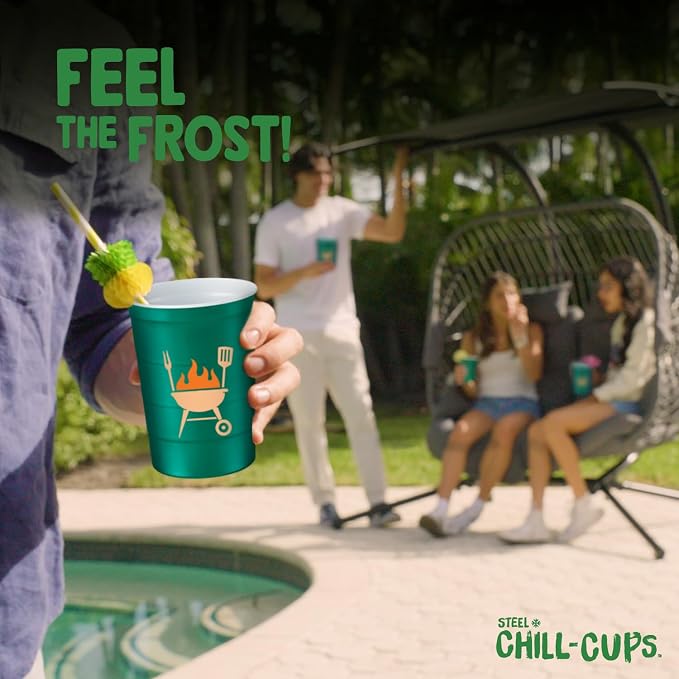Steel Chill Cups 16 oz. Reusable Party Cups, Summer BBQ Grill, 12 Count | Made in USA from Steel these durable cups chill fast & keep your drink cold for longer, 100% recyclable for sustainablity
