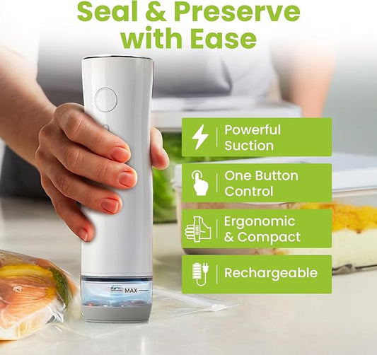 Portable Handheld Vacuum Sealer for Food with 32 Reusable Bags, Compact & Powerful Food Vacuum Sealer with Visible Liquid Tank, Digital Display and 6X Freshness Lock for Meal Prep & Storage