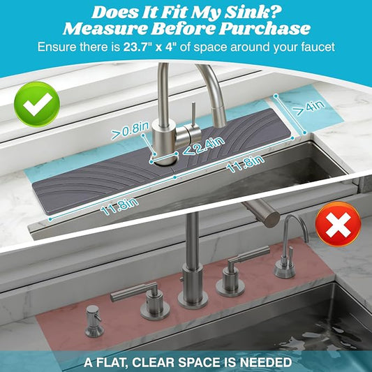 SpaceHacks Stone Faucet Mat for Kitchen Sink - Fast Drying Diatomite Stone Drying Mat, Textured Drainage Sink Protector, Water Splash Guard with Base Pads for Bathroom Counter (23.7x4 in, Dark Gray)