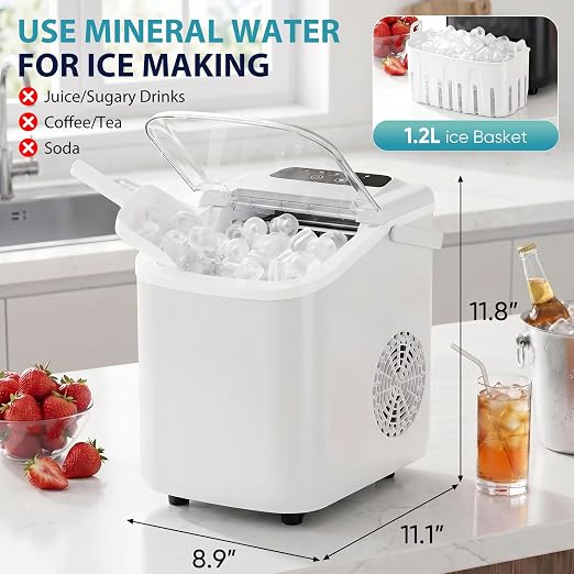 DUMOS Ice Maker Countertop, Ice Machine with Portable Handle, Basket and Scoop, 26lbs Daily, 9 Bullet Cubes in 6-8 Mins, Auto-Cleaning for Home, Kitchen, Office, Outdoors, RV Camping