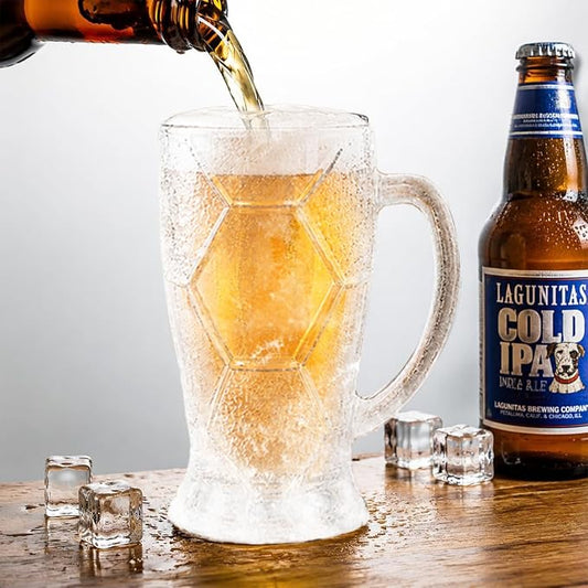 Freezer Beer Mugs 22oz, Set of 2 | 3D Hexagon Textured Glass Beer Steins with Handle | Frosted Durable Glass Stein | Gift for Beer Lovers, Craft Beer Enthusiasts, Dad, Husband, Men