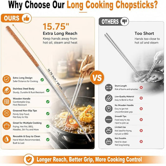 Kichvoe 15.75 Inch Long Cooking Chopsticks, Stainless Steel with Wooden Handle, Non-Slip Utensil for Chinese Cooking, Hot Pot, BBQ, Noodles and Deep Frying, 1 Pair