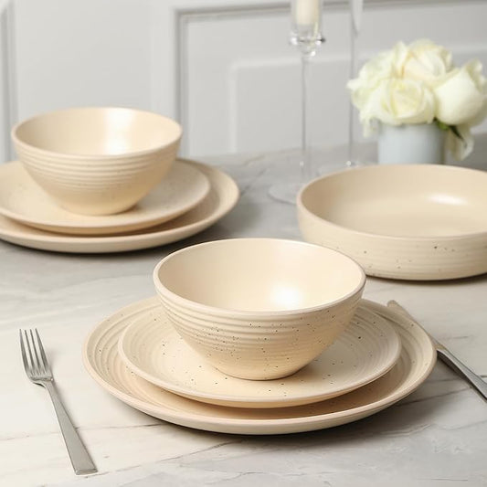 Stone Lain Lauren Modern Stoneware 32-piece Round Dinnerware Set, Plates and Bowls Set, Dish set for 8, Beige