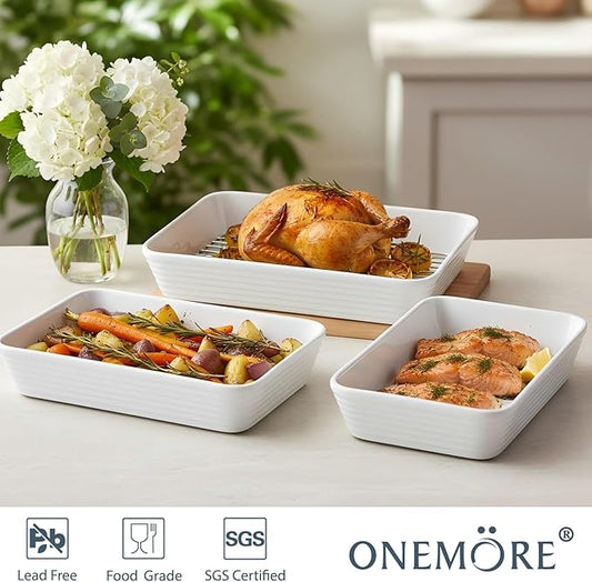 ONEMORE Baking Dishes for Oven, Large Casserole Dishes for Oven with Roasting Racks, Rectangular Ceramic Baking Dish Set of 3 for Cooking & Serving, Handleless Deep Dish Lasagna Pan (3QT/2.1QT/1.3QT)