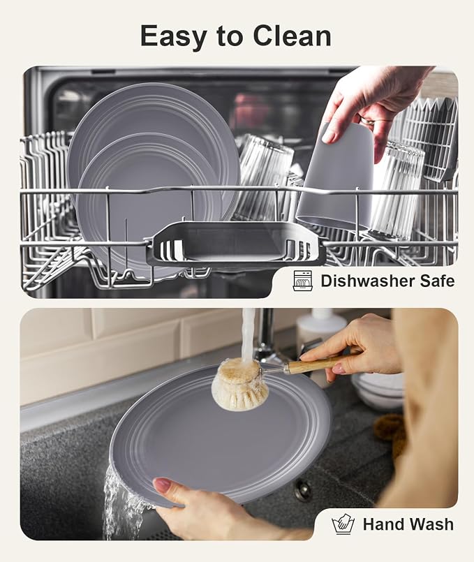Quatish 16 Piece Plates and Bowls Sets for 4, Unbreakable Dinnerware Sets, Plastic Dish Set for Camping, Dishwasher Microwave Safe, Outdoor Kitchen and Apartment Dorm Dinning RV Essentials, Grey