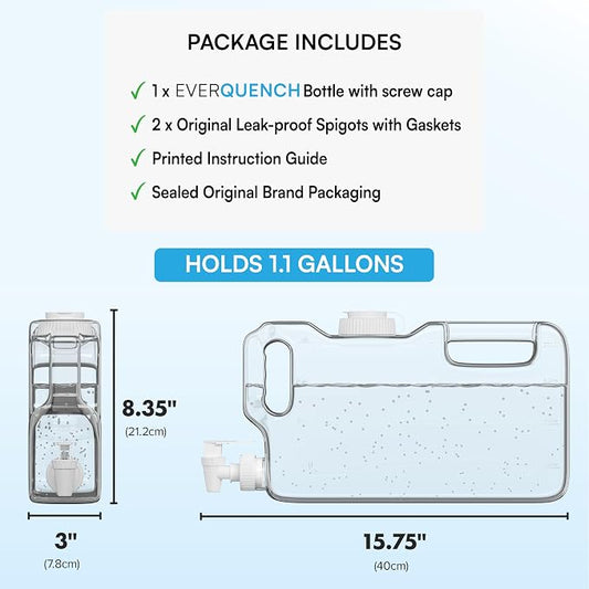 Refrigerator Water Dispenser 1.1 Gallon Bottle with Spigot - BPA Free Plastic Slim Water Jug with Spout Leak Proof | Refillable Fridge Water Container, Convenient Handles (Clear)