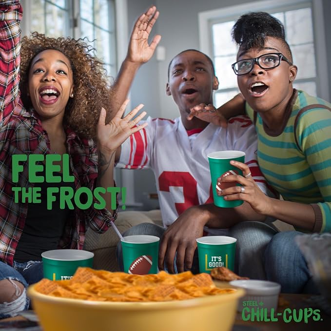 Steel Chill Cups 16 oz. Reusable Party Cups, Football, Green, 12 Count | Made in USA from Steel these durable cups chill fast & keep your drink cold for longer, 100% recyclable for sustainablity