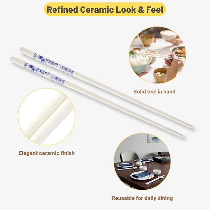 Porcelain Chopsticks Set of 5 Pairs, Reusable Bone Ceramic Chopsticks, Dishwasher Safe, Non-Slip Design, Elegant Gift Box for Family or Restaurant Use (Camellia)
