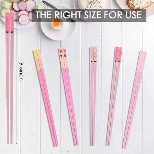 Chopsticks Reusable Dishwasher Safe, GLAMFIELDS 5 Pairs 9.5 Inches Premium Chop Sticks Set for Sushi, Ramen, Asian Cuisine, Matte Non-slip with Gift Case, Pink