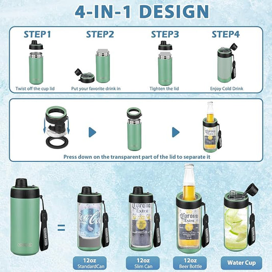 4 In 1 Beer Can Cooler Bottle Holder with Drinking Spout Lid for 12oz Regular, Slim Skinny Cans and Thermal Bottles,Sealed Insulated Double Wall Vacuum Stainless Steel Can Keeps Your Drinks Cold