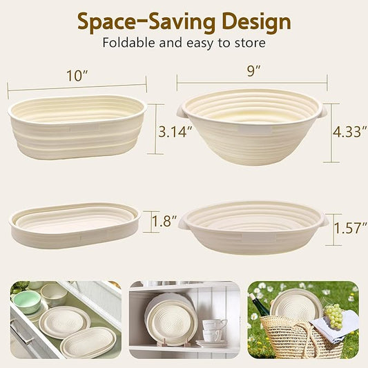 Aliggbent Silicone Banneton Bread Proofing Baskets, 10'' Oval & 9'' Round Foldable Sourdough Bread Baking Supplies 18Pcs Sourdough Starter Kit Easy-to-Clean Proofing Baskets for Sourdough Bread Baking