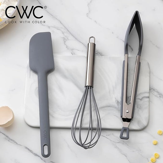 COOK WITH COLOR Stainless Steel Silicone Tipped Kitchen & BBQ Tongs Set, 3 Pc Utensils, Grey