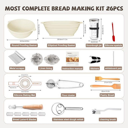 Sourdough Starter Kit, 26PCS Sourdough Bread Baking Supplies, Including a Sourdough Starter Jar (34OZ), Silicone Banneton Bread Proofing Basket Set of 2 (Silver cover, Large glass mouth)