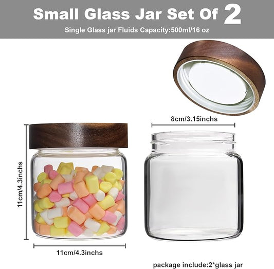 Glass Coffee Jars Spice Jar Round Storage Canister with Wooden Lid Clear Glass Food Jar for Pantry Sugar Tea Coffee Bean Spice Nuts Cookies Bath Salts (500ml/16oz-2pack)