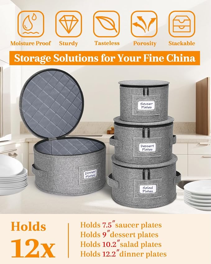 punemi China Storage Containers, 4-Set Hard Shell Dish Storage for Moving | Hard shell support with felt dividers for charger plates, dinnerware and china; stackable design holds set of 12