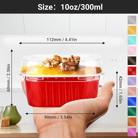 EUSOAR Disposable Ramekins with lids, 10oz 50pcs Square Baking Cups with Lids, 300ml Muffin Liners Snacks Desserts Flan, Pie Ramekin, Recyclable Catering Gathering Wedding Party Favor Baking Cups-Red