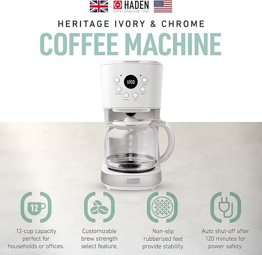 HADEN Coffee Machine, 12 Cup Programmable Drip Coffee Maker, Ivory & Chrome