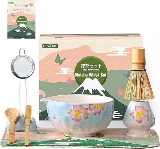 Clay&Fire Matcha Whisk Set,9 Pcs Ceramic Matcha Set, 15 OZ Matcha Bowl with Spout and Whisk,Matcha Kit for Friend, Ideal Gift for Matcha Lover(Cherry)
