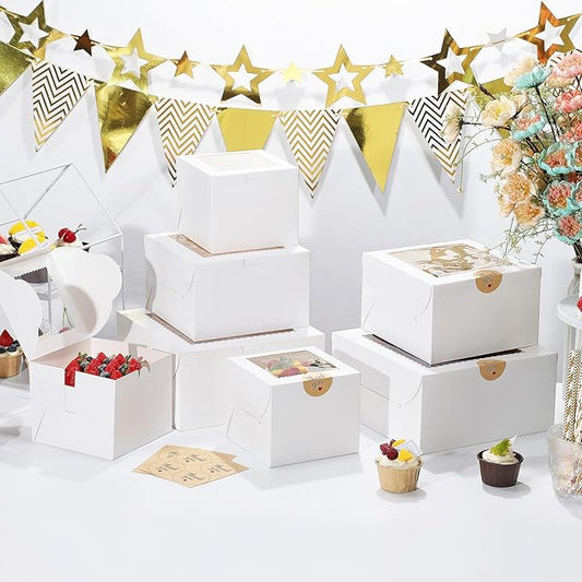 Small Cake Boxes 8 Inch with Window, 24 Set Bakery Boxes with Cake Boards & Stickers, Cupcake Box for Birthday, Party, Wedding, Mother's Day, Valentine's Day, Christmas(8x8x5 inch)