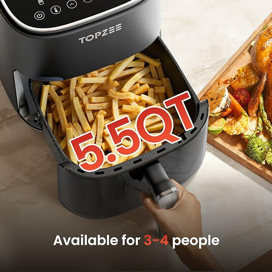 TOPZEE Air Fryer 12-in-1 with 5.5 QT Large Capacity, Compact Air Fryer, 100-400℉ Precise Heat, 360°Hot Air Circulation, 95% Less Oil, Bake, Dry, Reheat, Frozen, Broil, Proof, Black