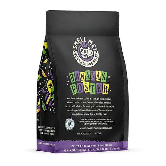 Bones Coffee Company Bananas Foster, Banana, Rum and Vanilla Flavored Coffee, Medium Roast Low Acid Arabica Beans Compatible with Auto drip and French Press Coffee Maker, 12 Oz Ground