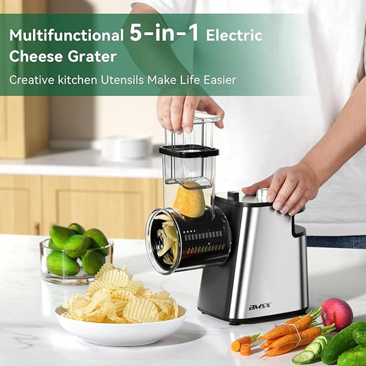 Electric Cheese Grater Upgraded, 250W Electric Slicer Shredder, Automatic Cheese Shredder, Electric Salad Machine for Fruits, Vegetables, Cheeses,Salad Maker With 5 Different Shapes of Blades