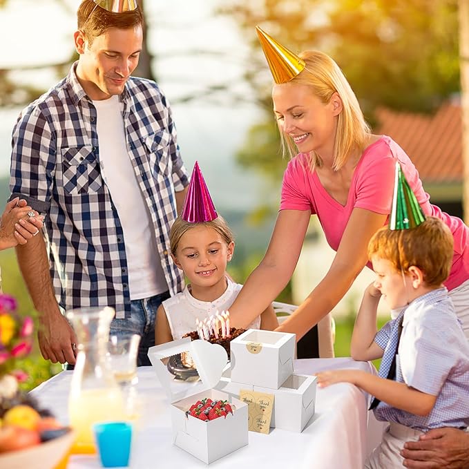 4pcs 6 Inch Cake Boxes with Sticks and Boards for Cookies, Small Cakes, Mini Desserts, Bento, and Bakery, Cupcake Box for Birthday, Party, Wedding, Mother's Day, Christmas(6x6x5 inch)