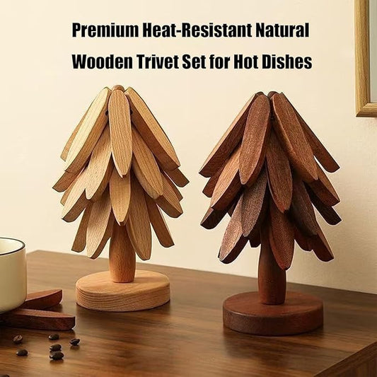 Natural Wood Tree Trivet Set, 𝐍atural Tree Trivet Set - 4 Wooden Trivets,4 Wooden 𝐓rivets & 1 Stand Like a Christmas Trees,for Hot Dish,Pot,Bowl,Teapot,Hot Pot Sets (Natural Wood 3 Trivets,1set)
