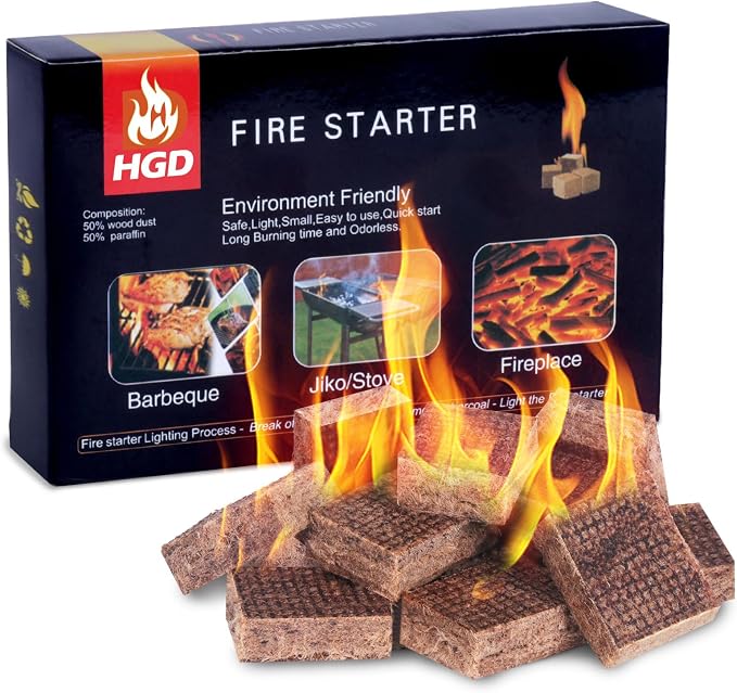 HGD White Fire Starters for Campfires, Waterproof, Charcoal Firestarter | Quick-Light Ignition 32 Cubes for Camping, BBQ, Fireplaces & Chimneys, Wind-Resistant, Long-Lasting, Safe for Family & Pets