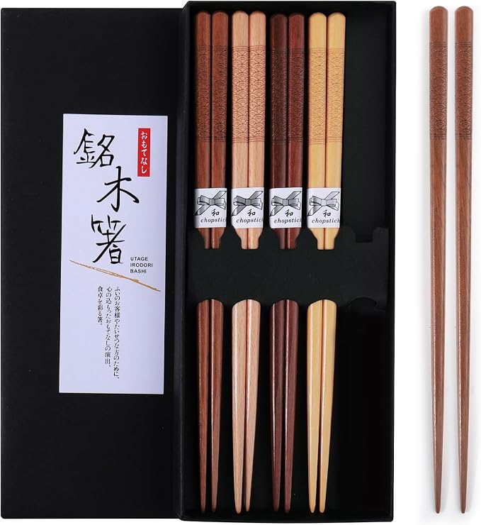 Reusable Chopsticks,GLAMFIELDS Japanese Natural Wooden 5 Pairs Hand-Carved Classic Style Lightweight Safe Chop Sticks 8.8 Inch/22.5cm Gift Set