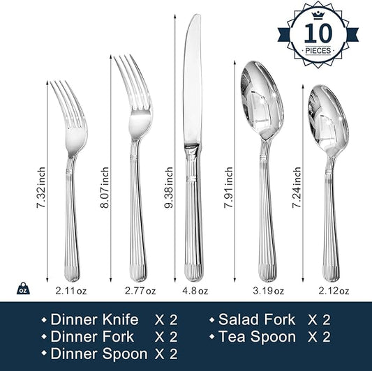 KINGSTONE 10-Piece Silverware Set, 18/10 Stainless Steel Flatware Set - Luxury Elegant Striped Cutlery with Dishwasher Safe, Durable for Family Dining, Catering, Weddings, Anniversaries Gift