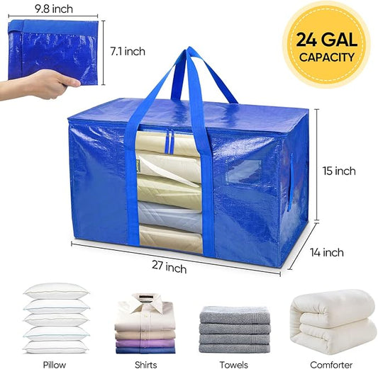 BALEINE 6-Pack Oversized Moving Bags with Reinforced Handles, Heavy-Duty Storage Tote Moving Supplies for Packaging, Camping (Blue w/Window, 6-Pack)