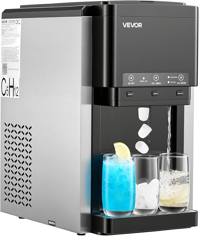 VEVOR Water Dispenser with Ice Maker, 3-in-1 Countertop Water Dispenser, 35 LBS/24H, 12 Cubes/7 Min Fast Ice Making with 4 LBS Storage, Bullet/Crushed ICES & Cold-Water, for Home, Kitchen, Party