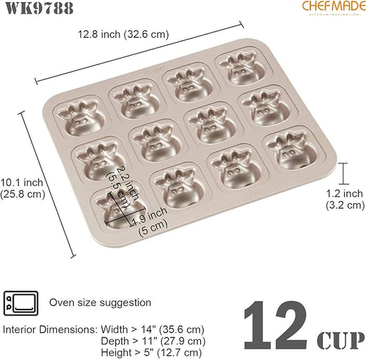 CHEFMADE Cows Cake Pan, 12-Cavity Non-Stick Animal Muffin Bakeware for Oven Baking (Champagne Gold)