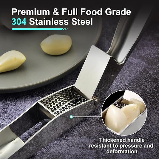 Garlic Press, Stainless Steel Garlic & Ginger Crusher, with Built-In Cleaner, Rust Resistant, No Peel, Large Capacity, Easy Clean,Dishwasher Safe,Silver