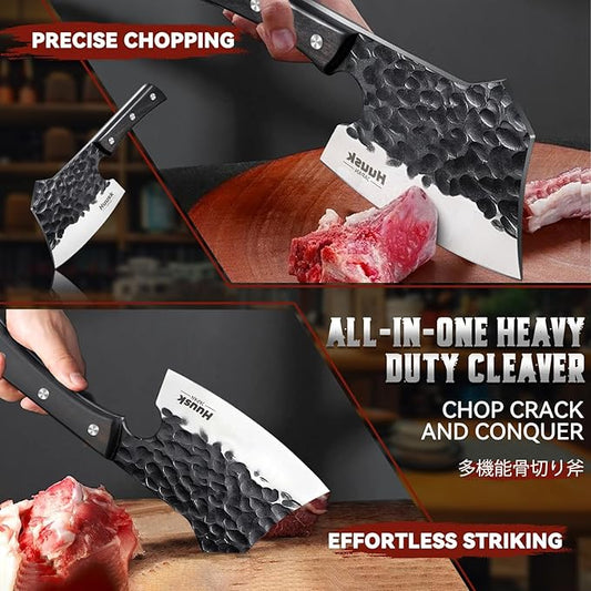 Huusk Meat Cleaver Knife Heavy Duty Bone Chopper, Hand Forged Kitchen Axe with Sheath, Full Tang Bone Chopping Knife, Japanese Butcher Knife for Meat Cutting, Kitchen Father Gift Idea Men
