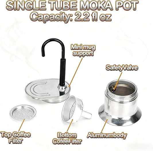 Mini Italian Mocha Coffee Maker, Single Cup, 50ml Capacity, Portable Outdoor Coffee Pot, Black Handle, Silver Base