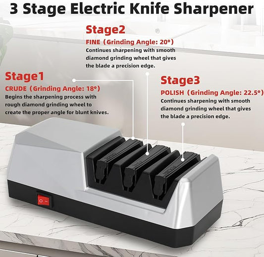 Knife Electric Sharpener for Kitchen, Bread, Serrated & Japanese-style Knife, 3 Stages Precision Angle Guides Sharpener, 100% Diamond Abrasives