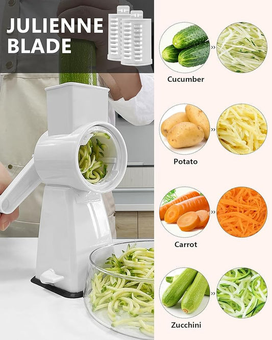 3-in-1 Rotary Cheese Grater Handheld, Lightweight Body with 3 Stainless Steel Blades & Non-Slip Suction Base, for Shredding Parmesan, Slicing Vegetables, Grating Chocolate(White)