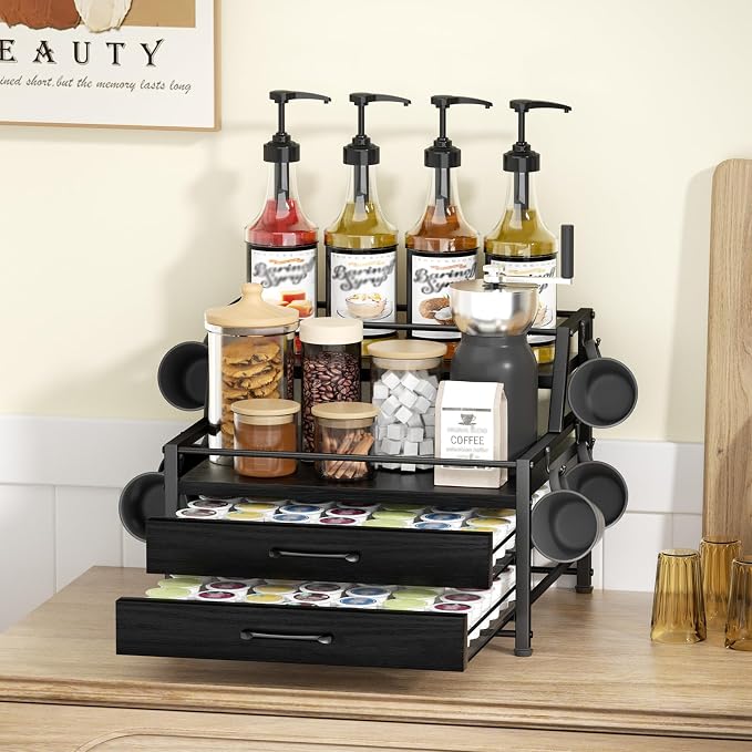 Homsorout Coffee Syrup Rack Organizer - 4-Tier 8 Syrup Wine Bottles Stand with 82 Storage Drawer for K Cups, Coffee Pod Holder for Countertop, Bar Station, Kitchen, Black