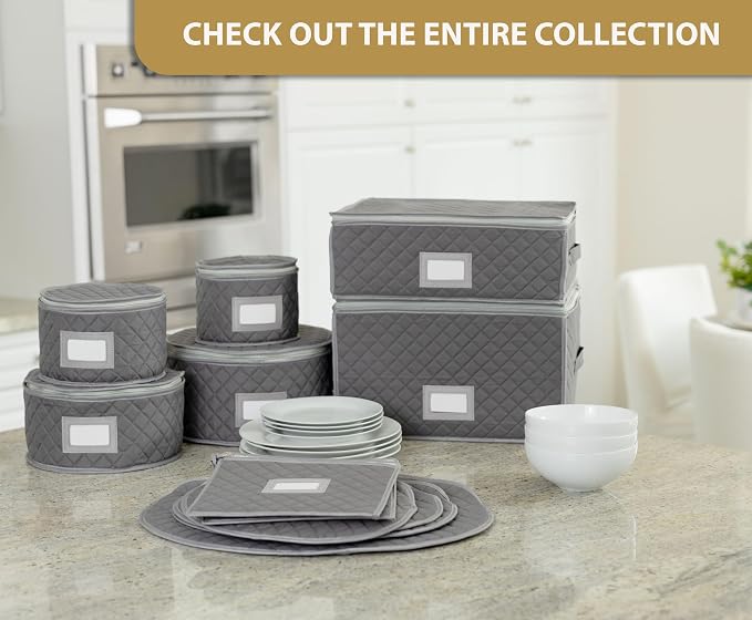 StackStorePlusMore China Cup Storage Chest - Quilted Fabric Container in Gray Measuring 16" x 13" x 6"H - Perfect Storage Case for Coffee Cups - Tea Cups - Mugs