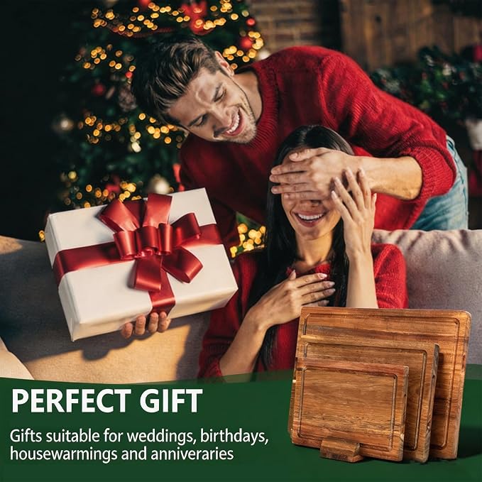3 PCS Acacia Wood Cutting Boards for Kitchen With Wooden Storage Stand | Thick Chopping Boards, Deep Juice Grooves, Grip Handle, Non-slip Heavy Duty Charcuterie Board for Meat, Cheese and Vegetables
